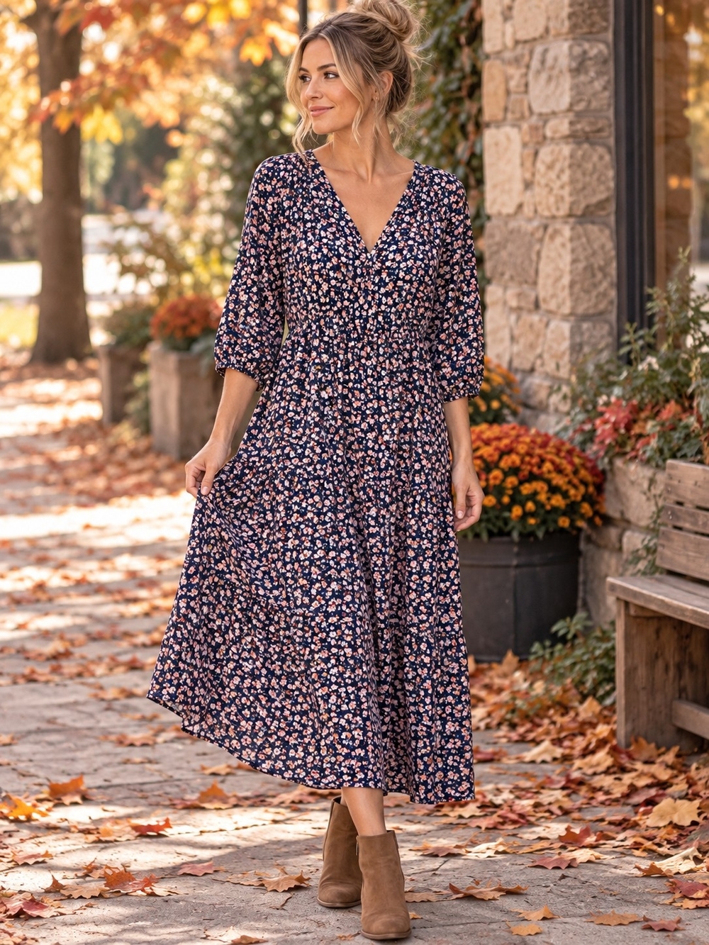 J. Jill Medium Navy Floral Rayon Midi Dress V Neck Boho Cottagecore Fall